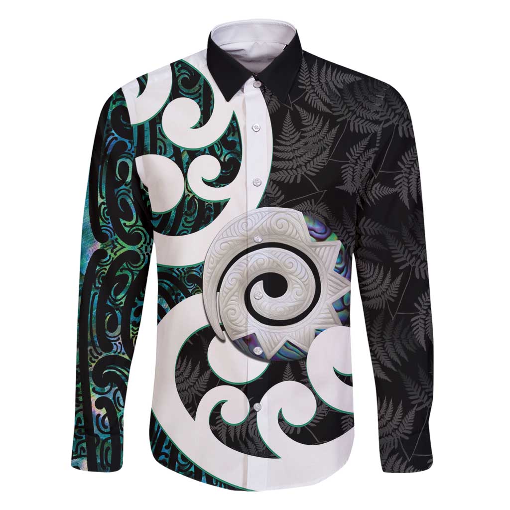 Aotearoa Koru Family Matching Tank Maxi Dress and Hawaiian Shirt Cyan Maori Paua Shell Mix Silver Fern LT14 Dad's Shirt - Long Sleeve Black - Polynesian Pride