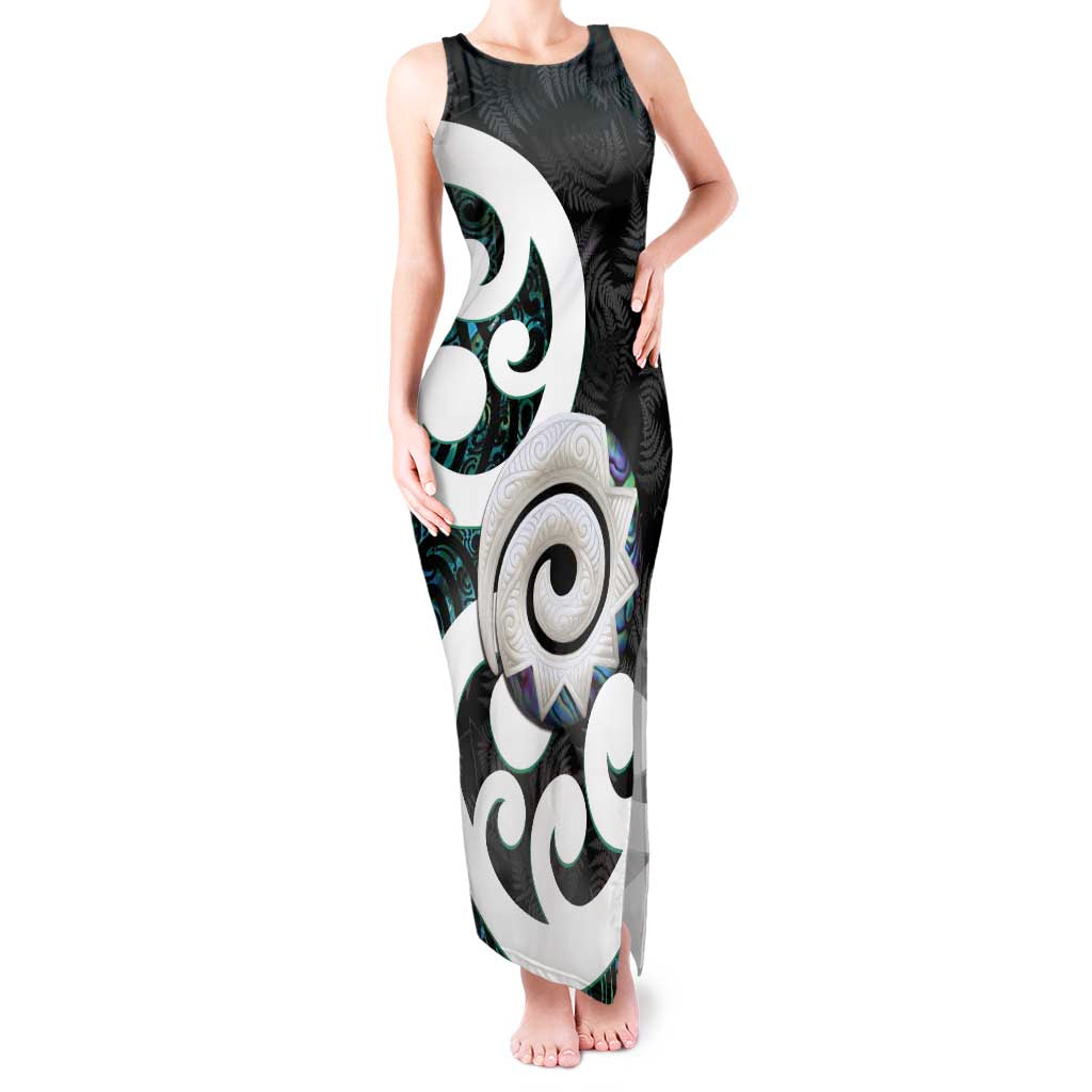 Aotearoa Koru Tank Maxi Dress Cyan Maori Paua Shell Mix Silver Fern LT14 Women Black - Polynesian Pride
