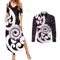 Aotearoa Koru Couples Matching Summer Maxi Dress and Long Sleeve Button Shirt Purple Maori Paua Shell Mix Silver Fern