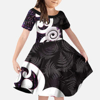 Aotearoa Koru Family Matching Long Sleeve Bodycon Dress and Hawaiian Shirt Purple Maori Paua Shell Mix Silver Fern LT14 Daughter's Dress Black - Polynesian Pride