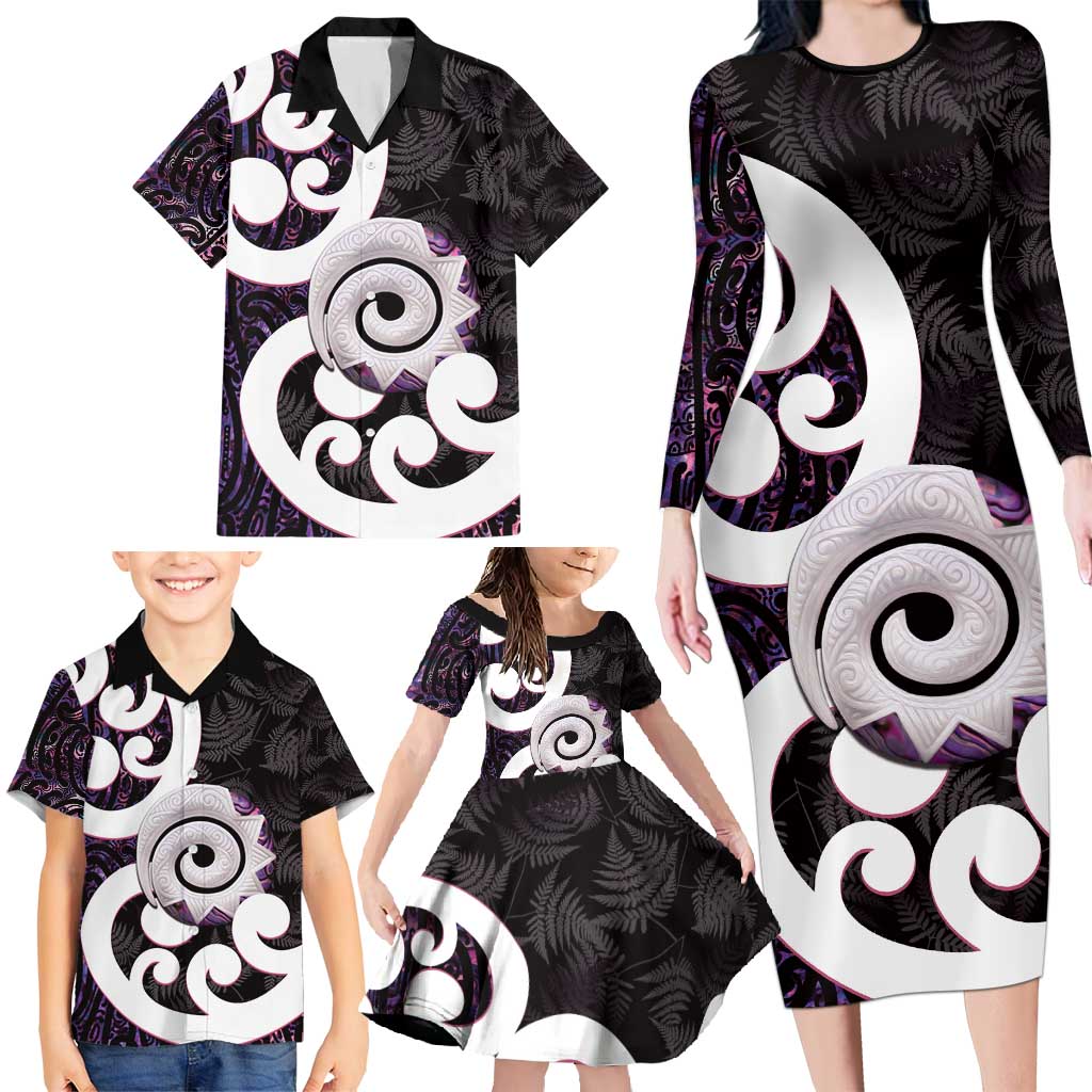 Aotearoa Koru Family Matching Long Sleeve Bodycon Dress and Hawaiian Shirt Purple Maori Paua Shell Mix Silver Fern LT14 - Polynesian Pride