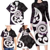 Aotearoa Koru Family Matching Long Sleeve Bodycon Dress and Hawaiian Shirt Purple Maori Paua Shell Mix Silver Fern LT14 - Polynesian Pride