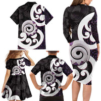 Aotearoa Koru Family Matching Long Sleeve Bodycon Dress and Hawaiian Shirt Purple Maori Paua Shell Mix Silver Fern LT14 - Polynesian Pride