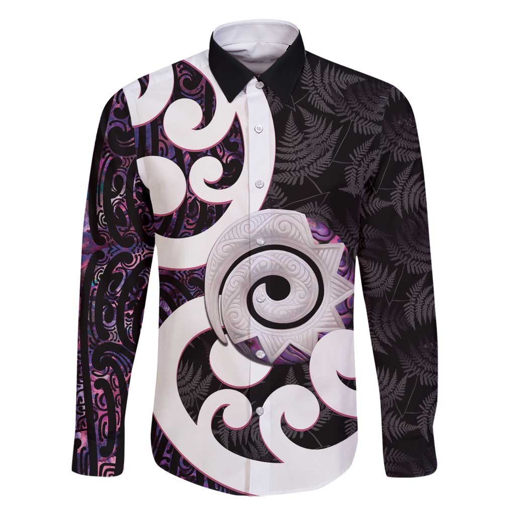 Aotearoa Koru Family Matching Long Sleeve Bodycon Dress and Hawaiian Shirt Purple Maori Paua Shell Mix Silver Fern LT14 Dad's Shirt - Long Sleeve Black - Polynesian Pride