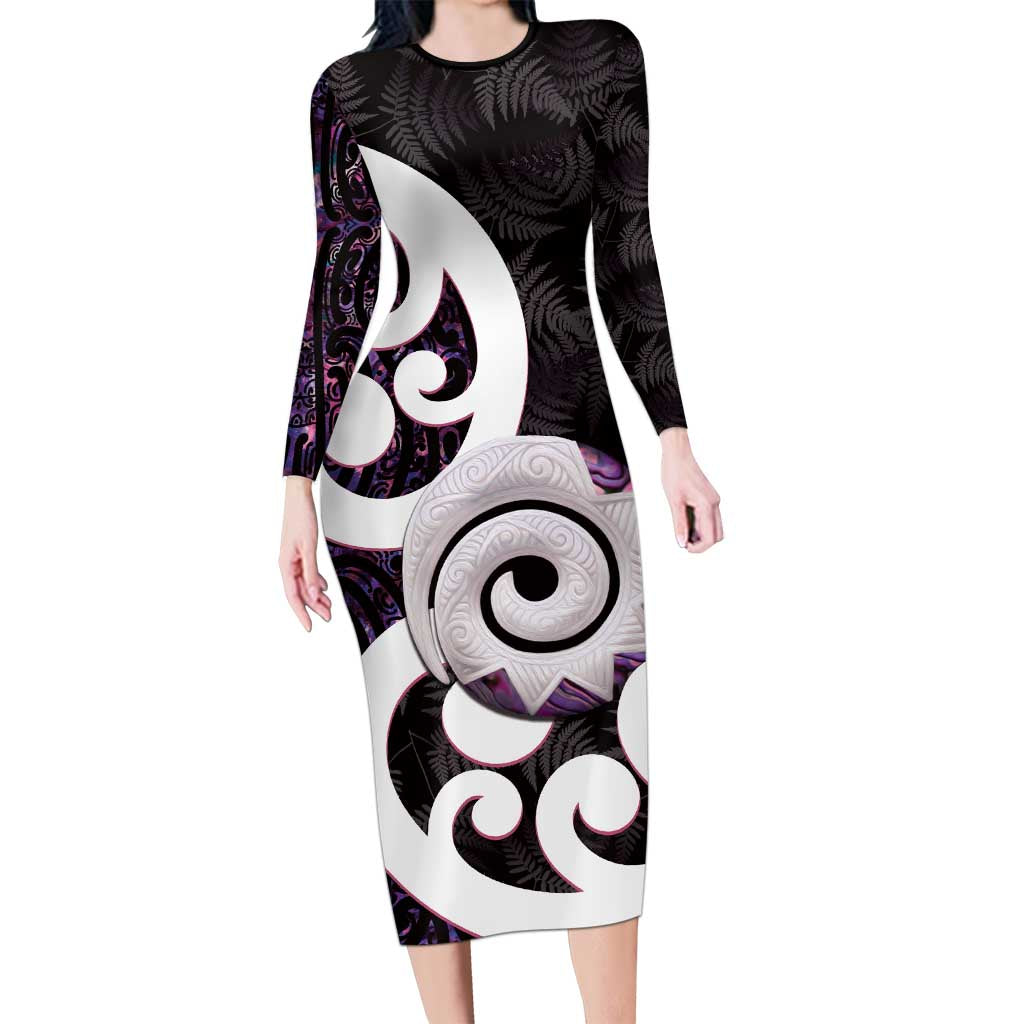 Aotearoa Koru Family Matching Long Sleeve Bodycon Dress and Hawaiian Shirt Purple Maori Paua Shell Mix Silver Fern LT14 Mom's Dress Black - Polynesian Pride