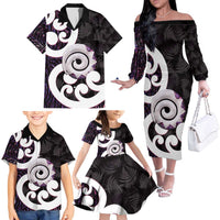 Aotearoa Koru Family Matching Off The Shoulder Long Sleeve Dress and Hawaiian Shirt Purple Maori Paua Shell Mix Silver Fern LT14 - Polynesian Pride