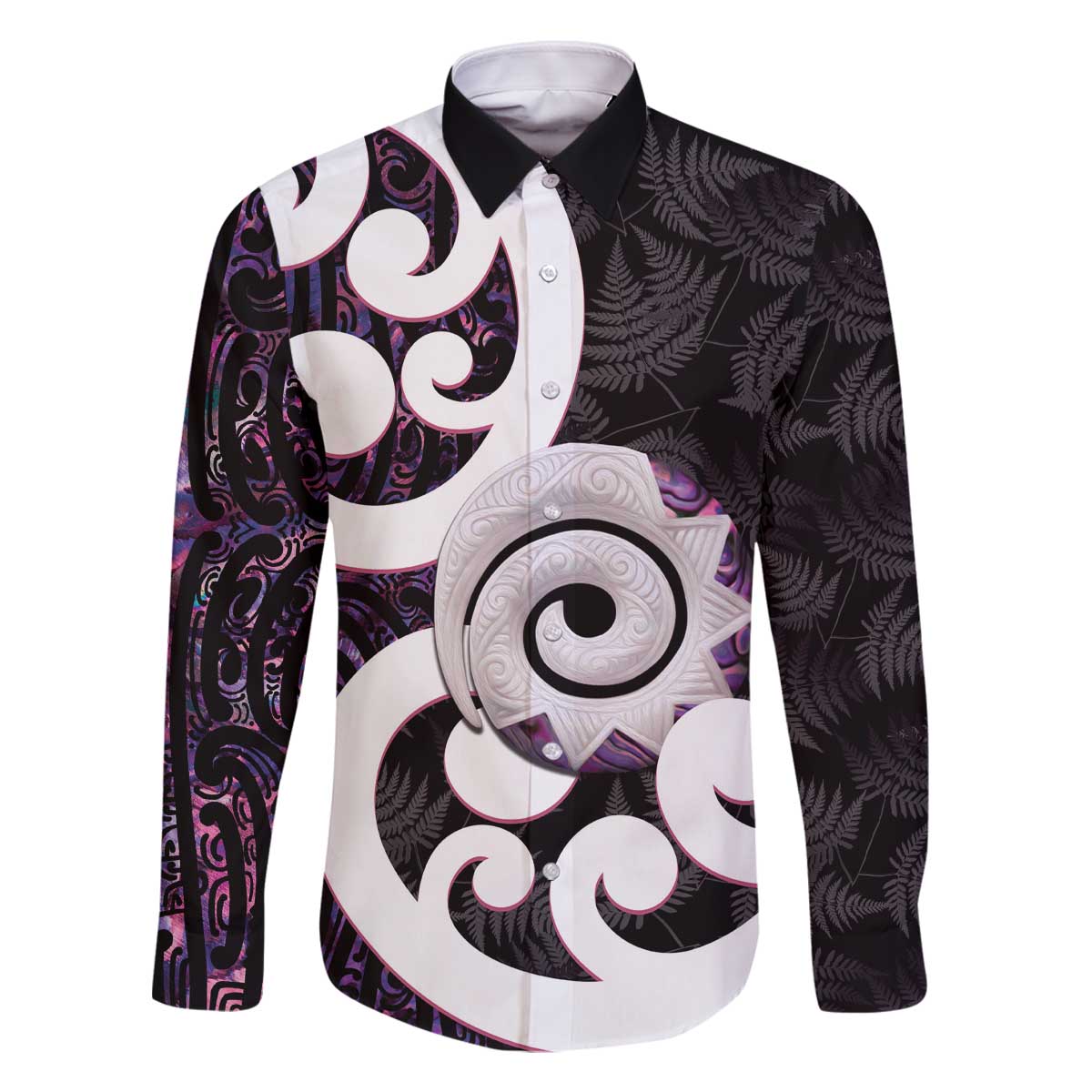 Aotearoa Koru Family Matching Off The Shoulder Long Sleeve Dress and Hawaiian Shirt Purple Maori Paua Shell Mix Silver Fern LT14 Dad's Shirt - Long Sleeve Black - Polynesian Pride