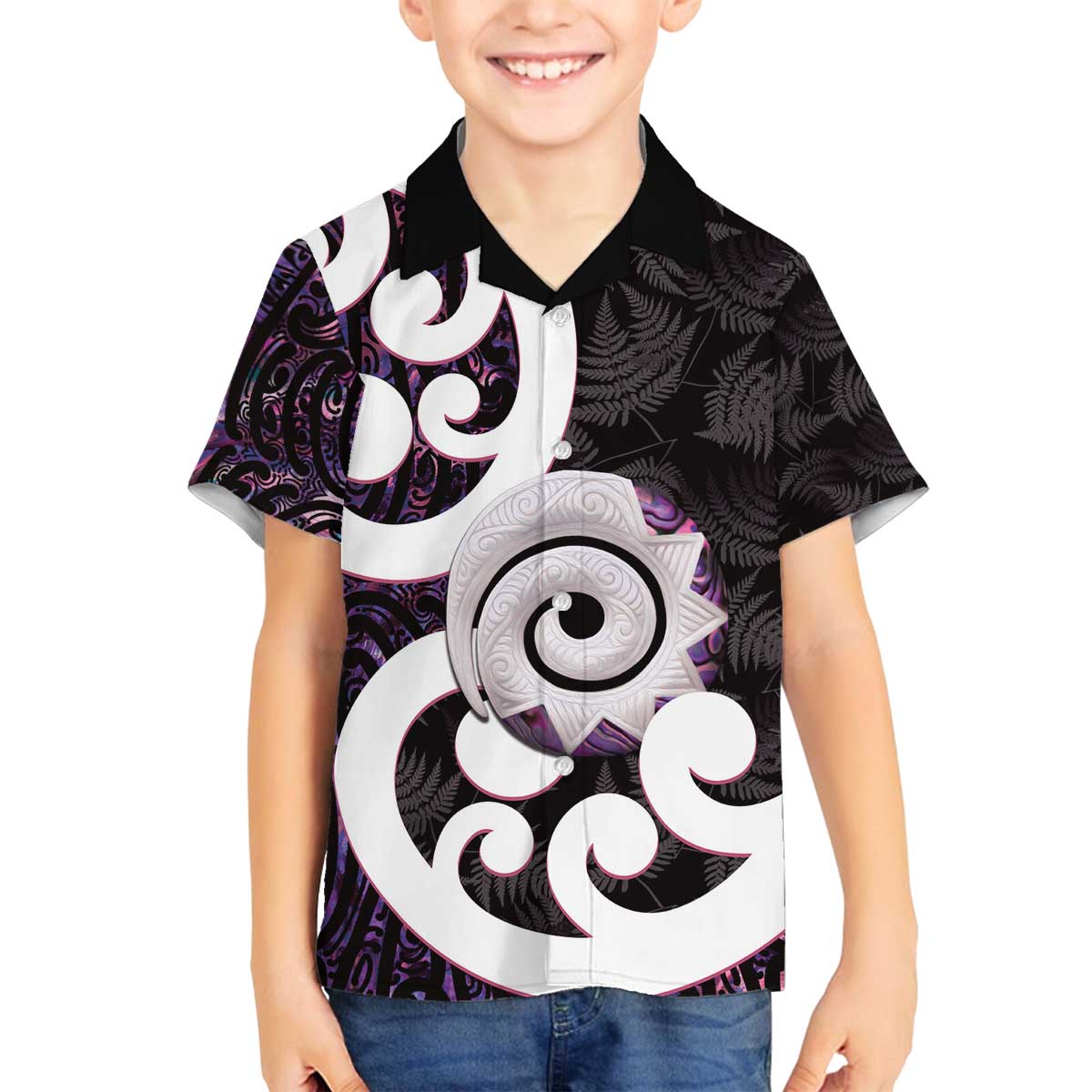 Aotearoa Koru Family Matching Off The Shoulder Long Sleeve Dress and Hawaiian Shirt Purple Maori Paua Shell Mix Silver Fern LT14 Son's Shirt Black - Polynesian Pride