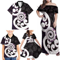 Aotearoa Koru Family Matching Off Shoulder Maxi Dress and Hawaiian Shirt Purple Maori Paua Shell Mix Silver Fern LT14 - Polynesian Pride