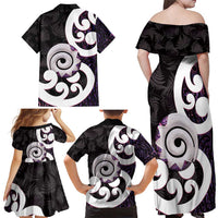 Aotearoa Koru Family Matching Off Shoulder Maxi Dress and Hawaiian Shirt Purple Maori Paua Shell Mix Silver Fern LT14 - Polynesian Pride