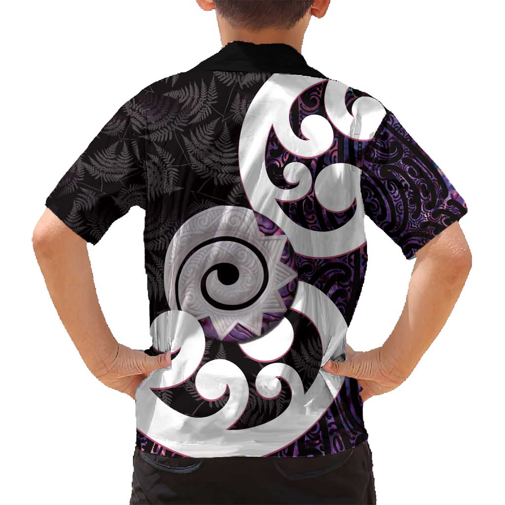 Aotearoa Koru Family Matching Off Shoulder Short Dress and Hawaiian Shirt Purple Maori Paua Shell Mix Silver Fern LT14 - Polynesian Pride