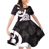 Aotearoa Koru Family Matching Off Shoulder Short Dress and Hawaiian Shirt Purple Maori Paua Shell Mix Silver Fern LT14 Daughter's Dress Black - Polynesian Pride