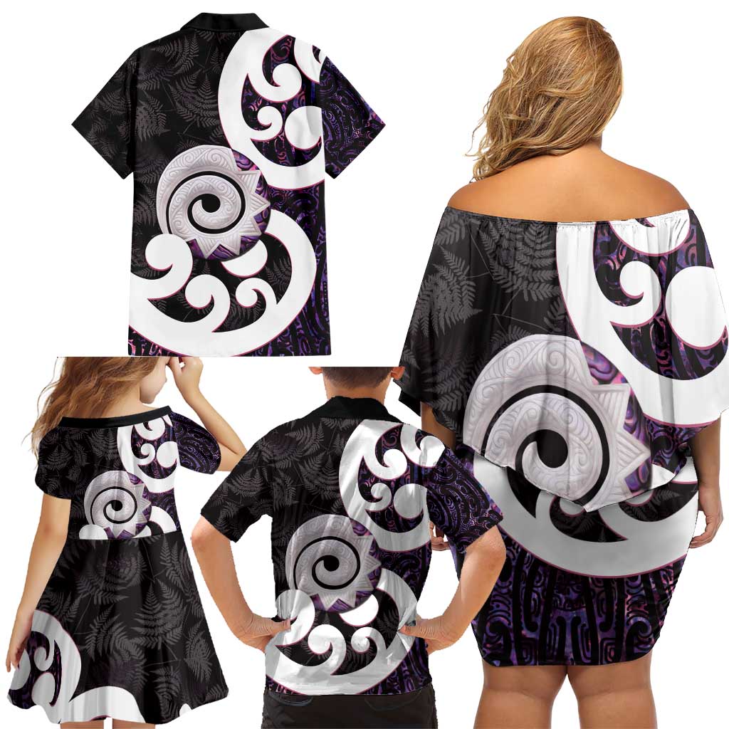 Aotearoa Koru Family Matching Off Shoulder Short Dress and Hawaiian Shirt Purple Maori Paua Shell Mix Silver Fern LT14 - Polynesian Pride