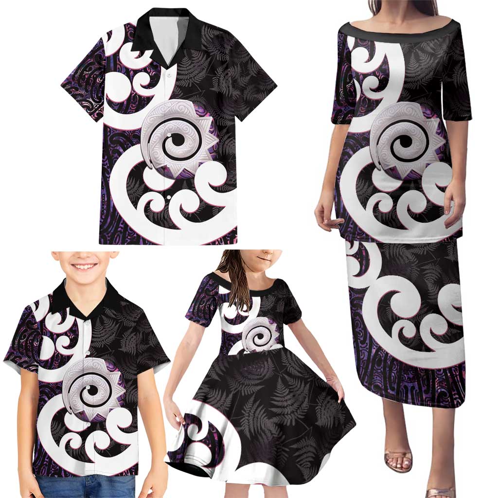 Aotearoa Koru Family Matching Puletasi and Hawaiian Shirt Purple Maori Paua Shell Mix Silver Fern LT14 - Polynesian Pride