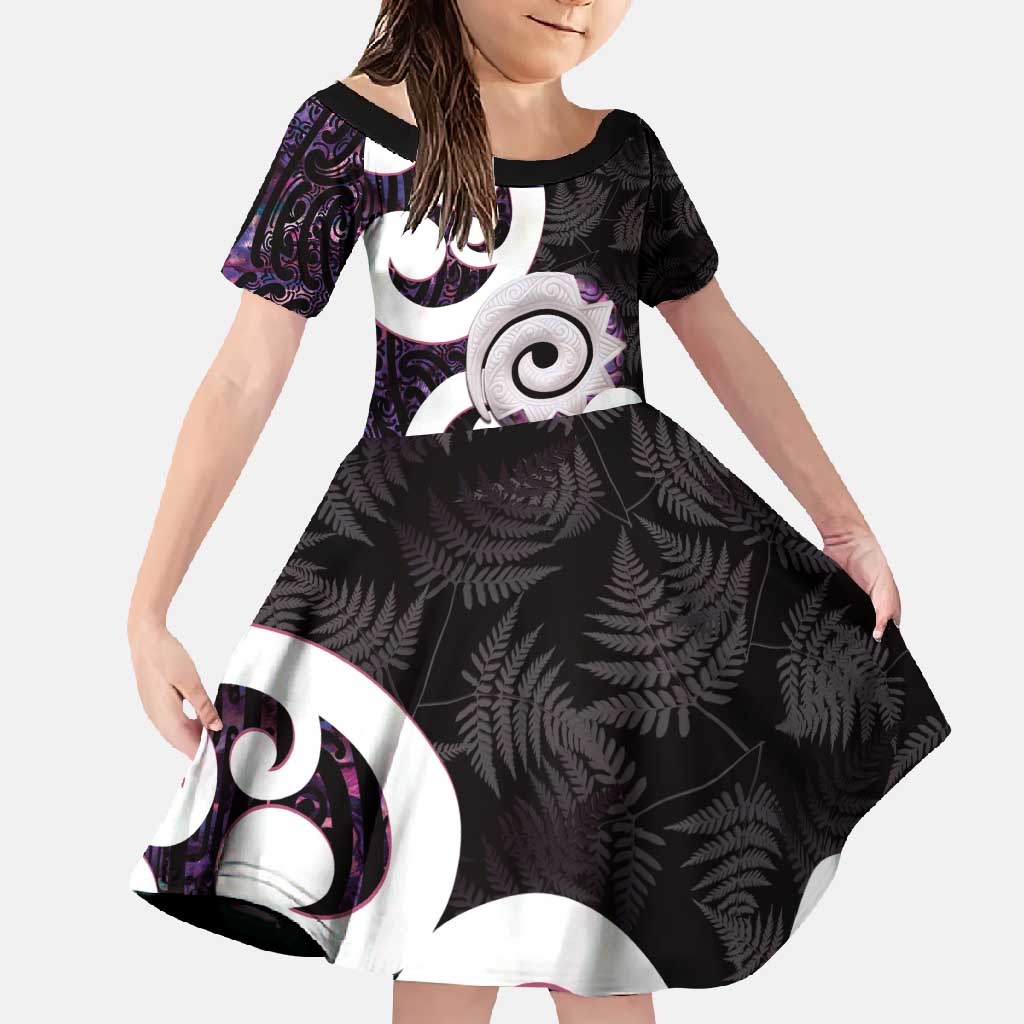 Aotearoa Koru Family Matching Summer Maxi Dress and Hawaiian Shirt Purple Maori Paua Shell Mix Silver Fern LT14 Daughter's Dress Black - Polynesian Pride
