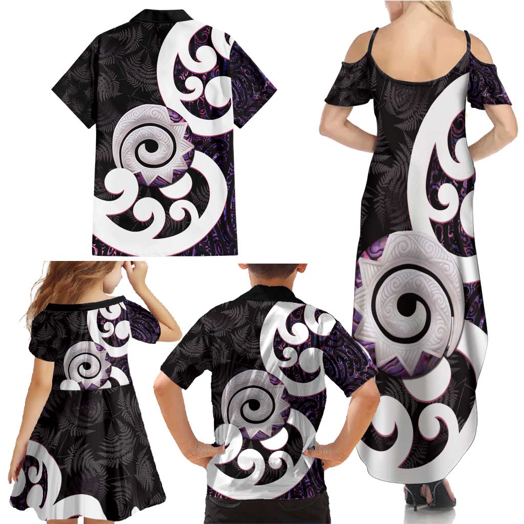 Aotearoa Koru Family Matching Summer Maxi Dress and Hawaiian Shirt Purple Maori Paua Shell Mix Silver Fern LT14 - Polynesian Pride