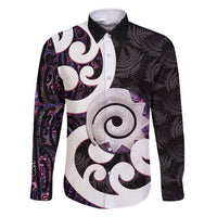 Aotearoa Koru Family Matching Summer Maxi Dress and Hawaiian Shirt Purple Maori Paua Shell Mix Silver Fern LT14 Dad's Shirt - Long Sleeve Black - Polynesian Pride