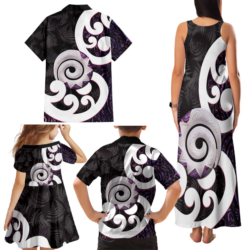Aotearoa Koru Family Matching Tank Maxi Dress and Hawaiian Shirt Purple Maori Paua Shell Mix Silver Fern LT14 - Polynesian Pride