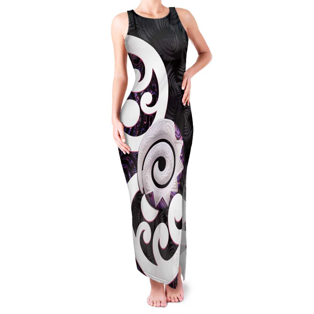 Aotearoa Koru Family Matching Tank Maxi Dress and Hawaiian Shirt Purple Maori Paua Shell Mix Silver Fern LT14 Mom's Dress Black - Polynesian Pride
