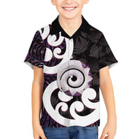 Aotearoa Koru Kid Hawaiian Shirt Purple Maori Paua Shell Mix Silver Fern LT14 Kid Black - Polynesian Pride