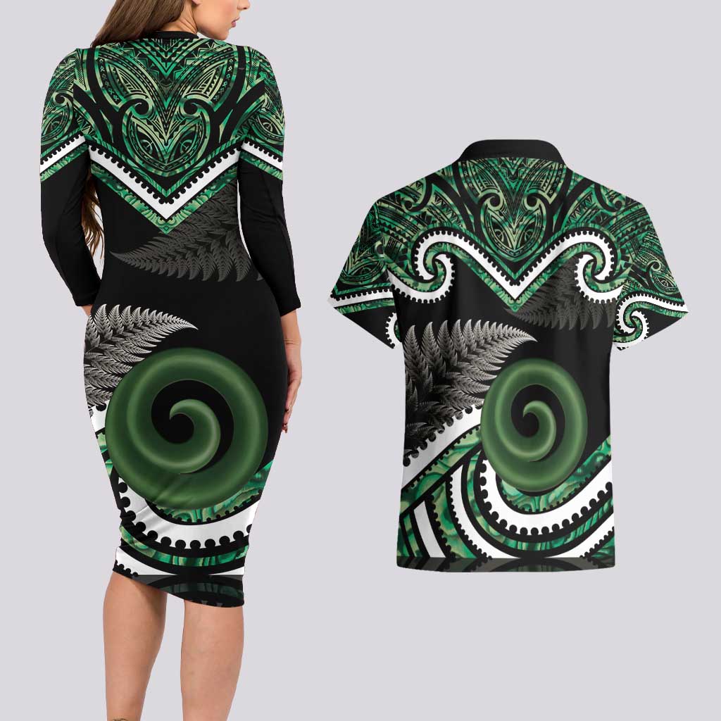 Koru Pounamu Aotearoa Couples Matching Long Sleeve Bodycon Dress and Hawaiian Shirt Maori Paua Shell Mix Silver Fern LT14 - Polynesian Pride