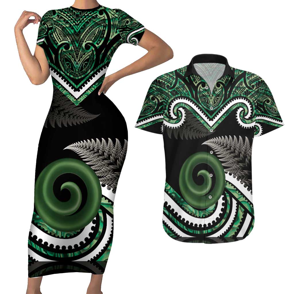 Koru Pounamu Aotearoa Couples Matching Short Sleeve Bodycon Dress and Hawaiian Shirt Maori Paua Shell Mix Silver Fern LT14 Black - Polynesian Pride
