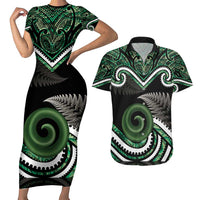Koru Pounamu Aotearoa Couples Matching Short Sleeve Bodycon Dress and Hawaiian Shirt Maori Paua Shell Mix Silver Fern LT14 Black - Polynesian Pride