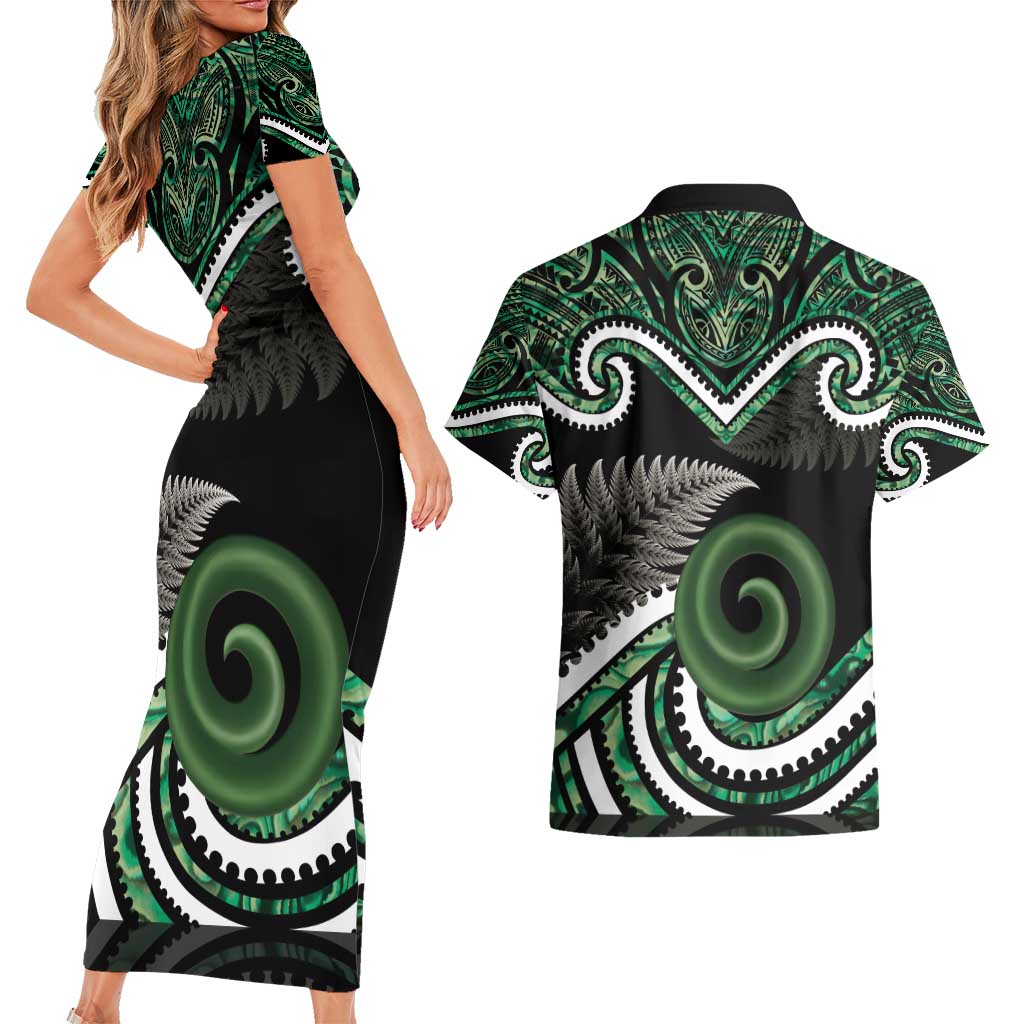 Koru Pounamu Aotearoa Couples Matching Short Sleeve Bodycon Dress and Hawaiian Shirt Maori Paua Shell Mix Silver Fern LT14 - Polynesian Pride