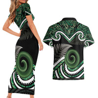 Koru Pounamu Aotearoa Couples Matching Short Sleeve Bodycon Dress and Hawaiian Shirt Maori Paua Shell Mix Silver Fern LT14 - Polynesian Pride