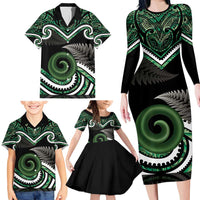 Koru Pounamu Aotearoa Family Matching Long Sleeve Bodycon Dress and Hawaiian Shirt Maori Paua Shell Mix Silver Fern LT14 - Polynesian Pride
