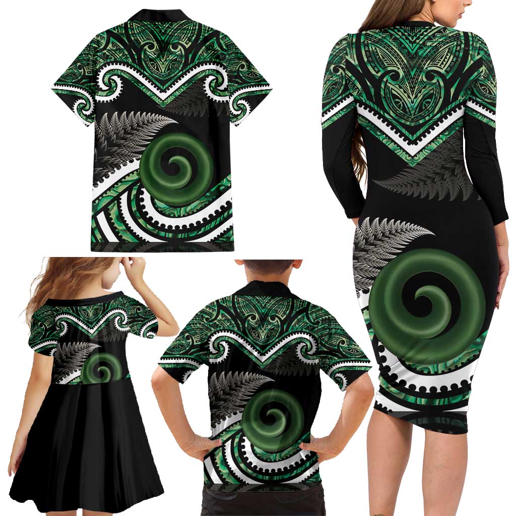 Koru Pounamu Aotearoa Family Matching Long Sleeve Bodycon Dress and Hawaiian Shirt Maori Paua Shell Mix Silver Fern LT14 - Polynesian Pride