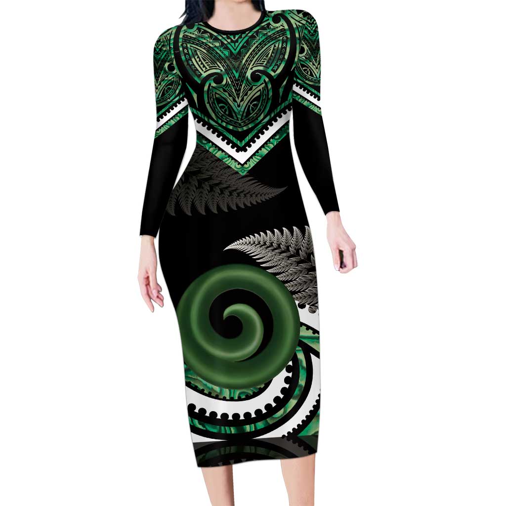 Koru Pounamu Aotearoa Family Matching Long Sleeve Bodycon Dress and Hawaiian Shirt Maori Paua Shell Mix Silver Fern LT14 Mom's Dress Black - Polynesian Pride