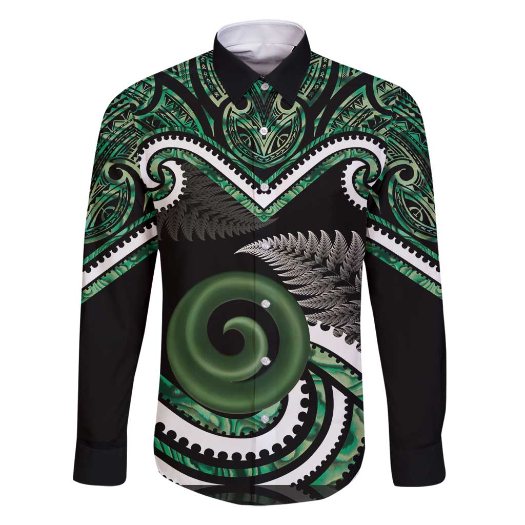 Koru Pounamu Aotearoa Family Matching Mermaid Dress and Hawaiian Shirt Maori Paua Shell Mix Silver Fern LT14 Dad's Shirt - Long Sleeve Black - Polynesian Pride