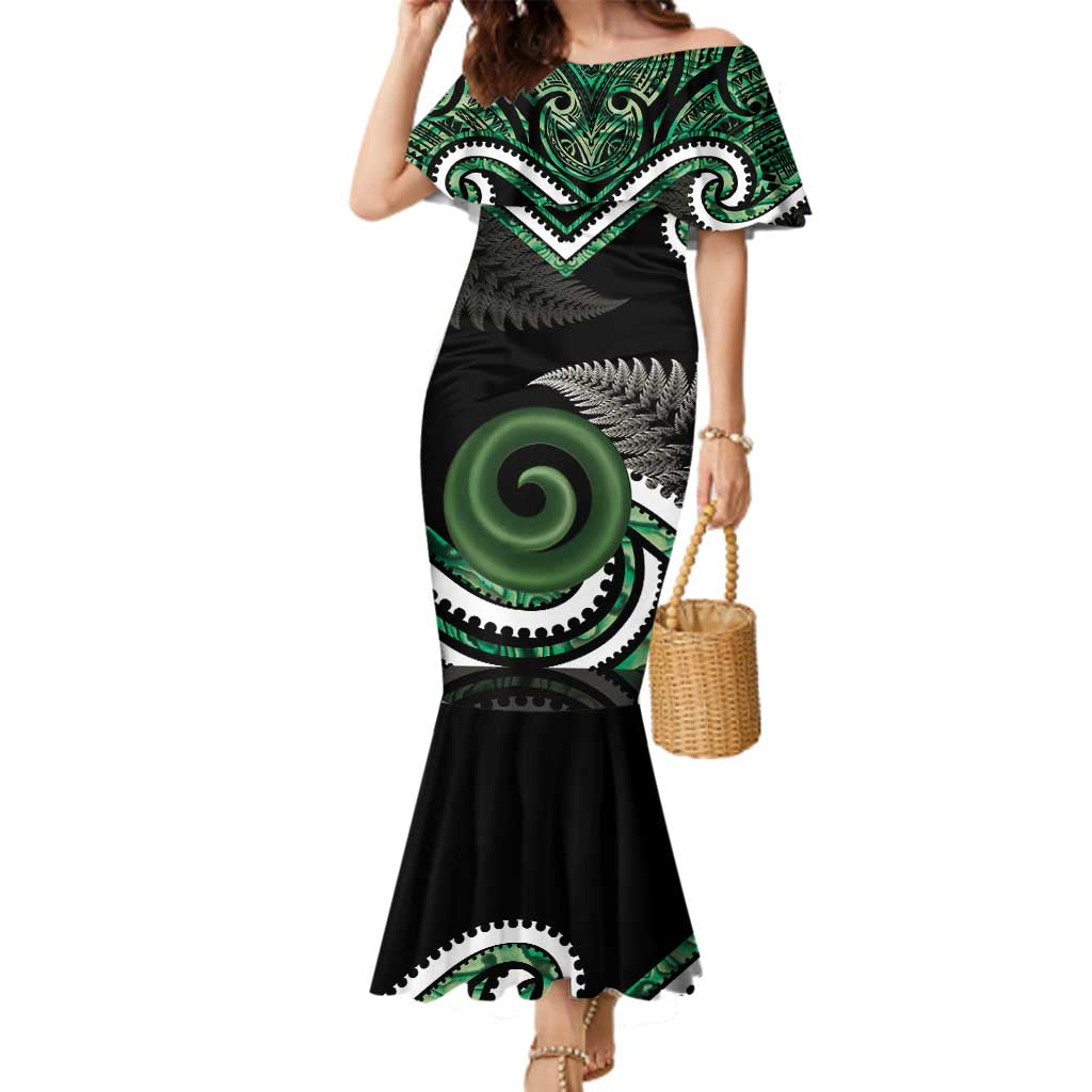 Koru Pounamu Aotearoa Family Matching Mermaid Dress and Hawaiian Shirt Maori Paua Shell Mix Silver Fern LT14 Mom's Dress Black - Polynesian Pride