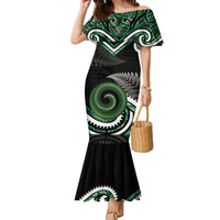 Koru Pounamu Aotearoa Family Matching Mermaid Dress and Hawaiian Shirt Maori Paua Shell Mix Silver Fern LT14 Mom's Dress Black - Polynesian Pride