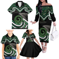 Koru Pounamu Aotearoa Family Matching Off The Shoulder Long Sleeve Dress and Hawaiian Shirt Maori Paua Shell Mix Silver Fern LT14 - Polynesian Pride