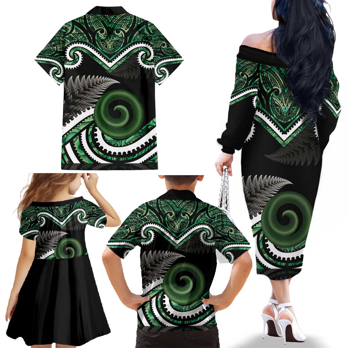 Koru Pounamu Aotearoa Family Matching Off The Shoulder Long Sleeve Dress and Hawaiian Shirt Maori Paua Shell Mix Silver Fern LT14 - Polynesian Pride