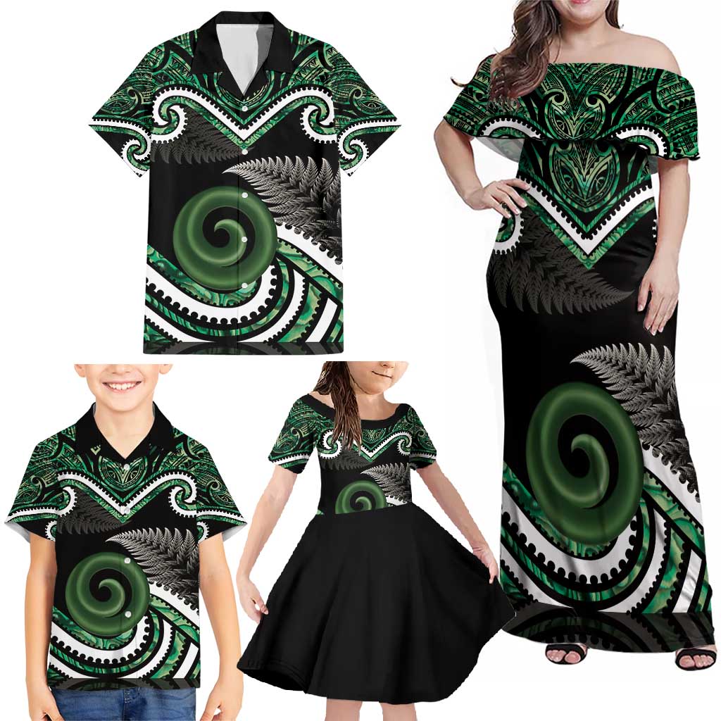 Koru Pounamu Aotearoa Family Matching Off Shoulder Maxi Dress and Hawaiian Shirt Maori Paua Shell Mix Silver Fern LT14 - Polynesian Pride