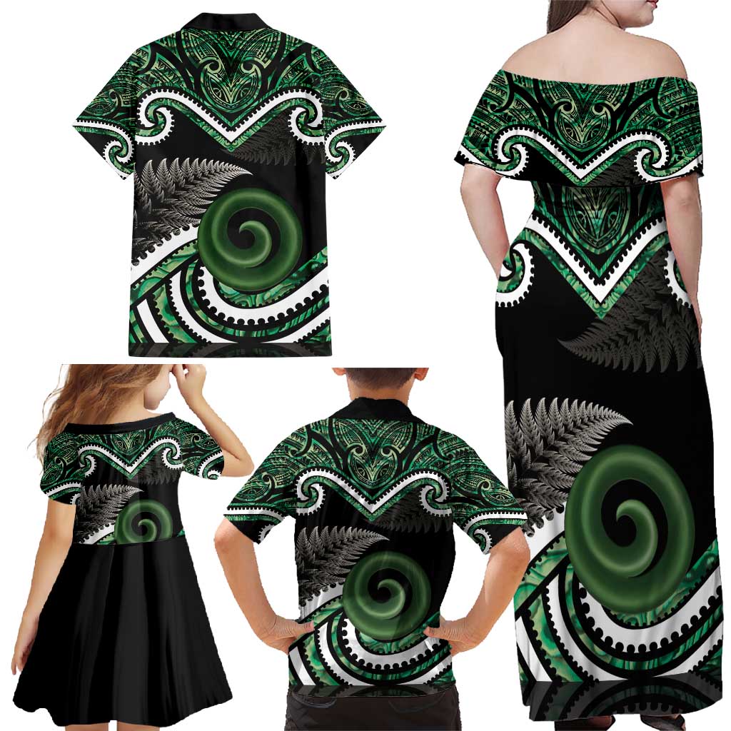 Koru Pounamu Aotearoa Family Matching Off Shoulder Maxi Dress and Hawaiian Shirt Maori Paua Shell Mix Silver Fern LT14 - Polynesian Pride