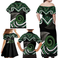 Koru Pounamu Aotearoa Family Matching Off Shoulder Maxi Dress and Hawaiian Shirt Maori Paua Shell Mix Silver Fern LT14 - Polynesian Pride