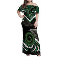Koru Pounamu Aotearoa Family Matching Off Shoulder Maxi Dress and Hawaiian Shirt Maori Paua Shell Mix Silver Fern LT14 Mom's Dress Black - Polynesian Pride