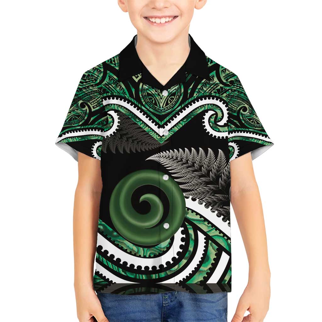 Koru Pounamu Aotearoa Family Matching Off Shoulder Maxi Dress and Hawaiian Shirt Maori Paua Shell Mix Silver Fern LT14 Son's Shirt Black - Polynesian Pride