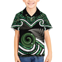 Koru Pounamu Aotearoa Family Matching Off Shoulder Maxi Dress and Hawaiian Shirt Maori Paua Shell Mix Silver Fern LT14 Son's Shirt Black - Polynesian Pride