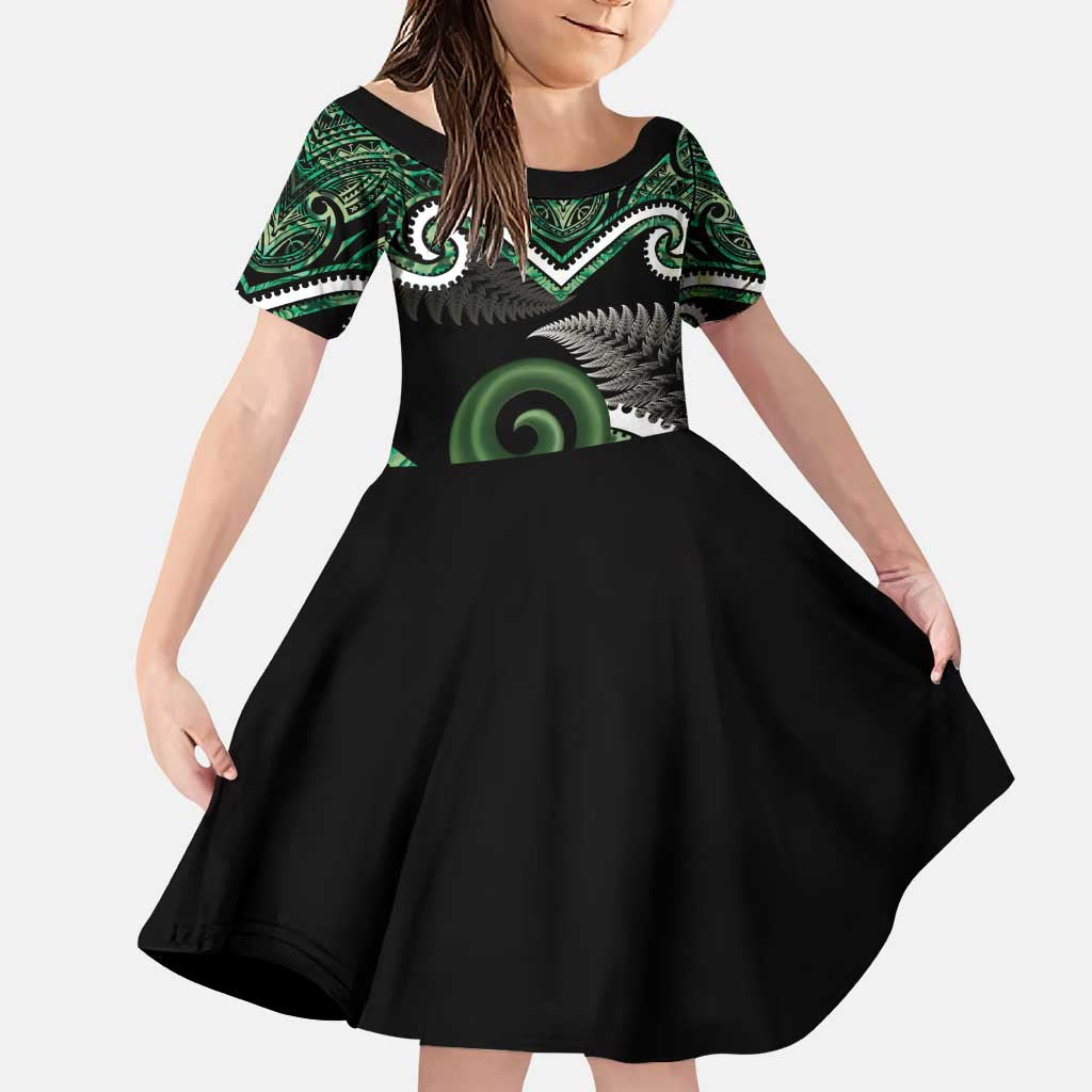 Koru Pounamu Aotearoa Family Matching Puletasi and Hawaiian Shirt Maori Paua Shell Mix Silver Fern LT14 Daughter's Dress Black - Polynesian Pride