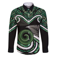 Koru Pounamu Aotearoa Family Matching Puletasi and Hawaiian Shirt Maori Paua Shell Mix Silver Fern LT14 Dad's Shirt - Long Sleeve Black - Polynesian Pride