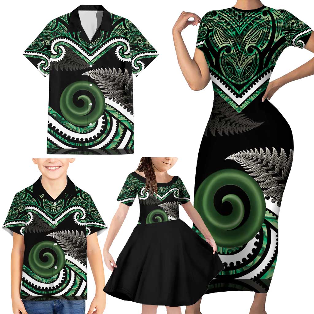Koru Pounamu Aotearoa Family Matching Short Sleeve Bodycon Dress and Hawaiian Shirt Maori Paua Shell Mix Silver Fern LT14 - Polynesian Pride