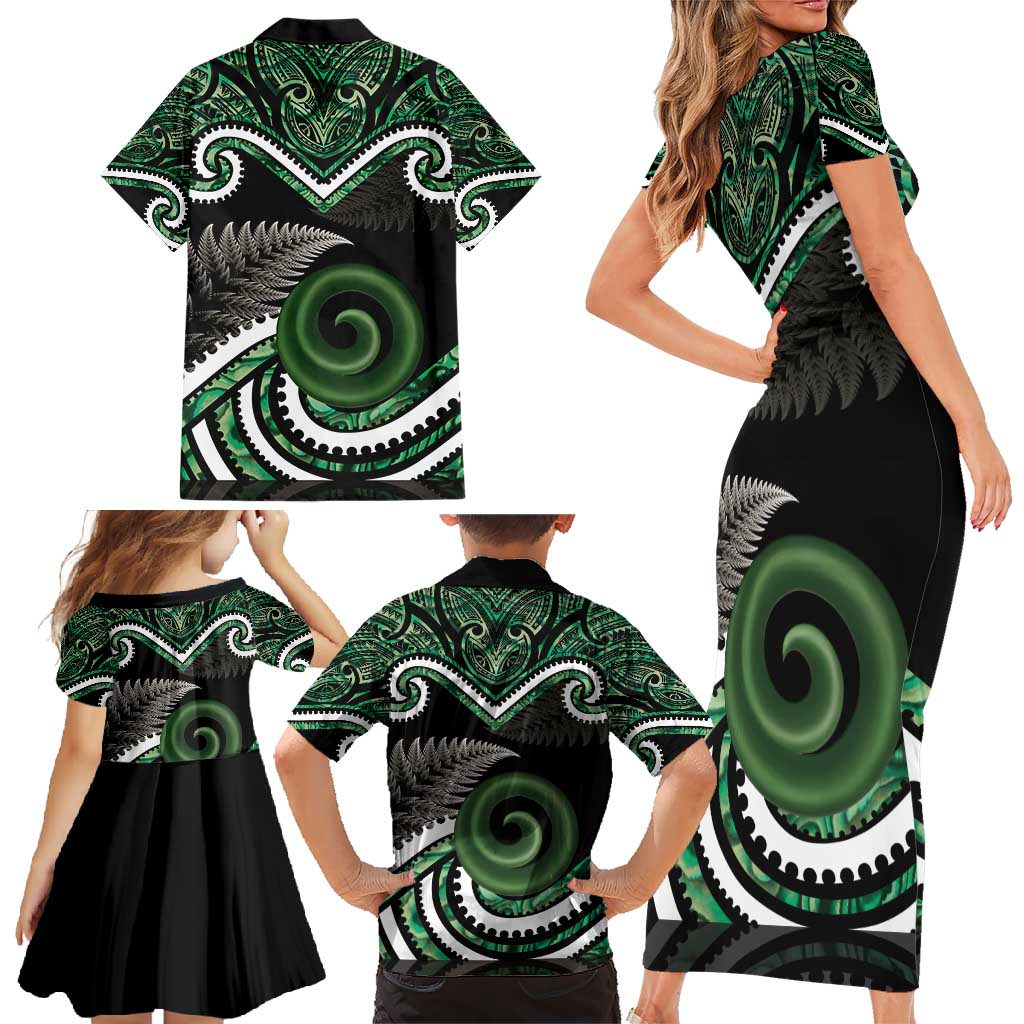 Koru Pounamu Aotearoa Family Matching Short Sleeve Bodycon Dress and Hawaiian Shirt Maori Paua Shell Mix Silver Fern LT14 - Polynesian Pride
