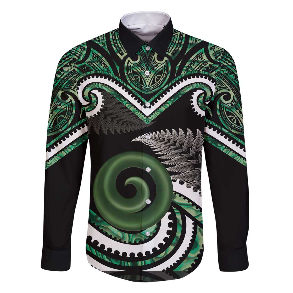 Koru Pounamu Aotearoa Family Matching Short Sleeve Bodycon Dress and Hawaiian Shirt Maori Paua Shell Mix Silver Fern LT14 Dad's Shirt - Long Sleeve Black - Polynesian Pride