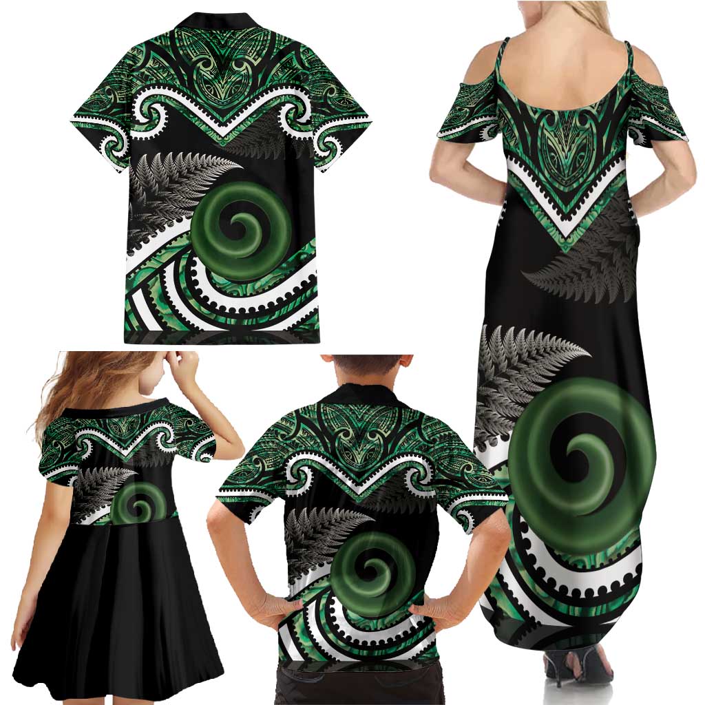 Koru Pounamu Aotearoa Family Matching Summer Maxi Dress and Hawaiian Shirt Maori Paua Shell Mix Silver Fern LT14 - Polynesian Pride