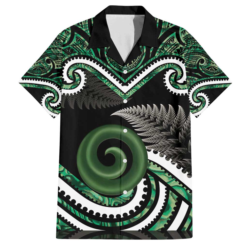 Koru Pounamu Aotearoa Family Matching Summer Maxi Dress and Hawaiian Shirt Maori Paua Shell Mix Silver Fern LT14 Dad's Shirt - Short Sleeve Black - Polynesian Pride